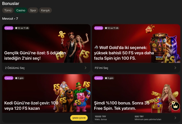 1King Casino promotions page showing a list of active bonus cards