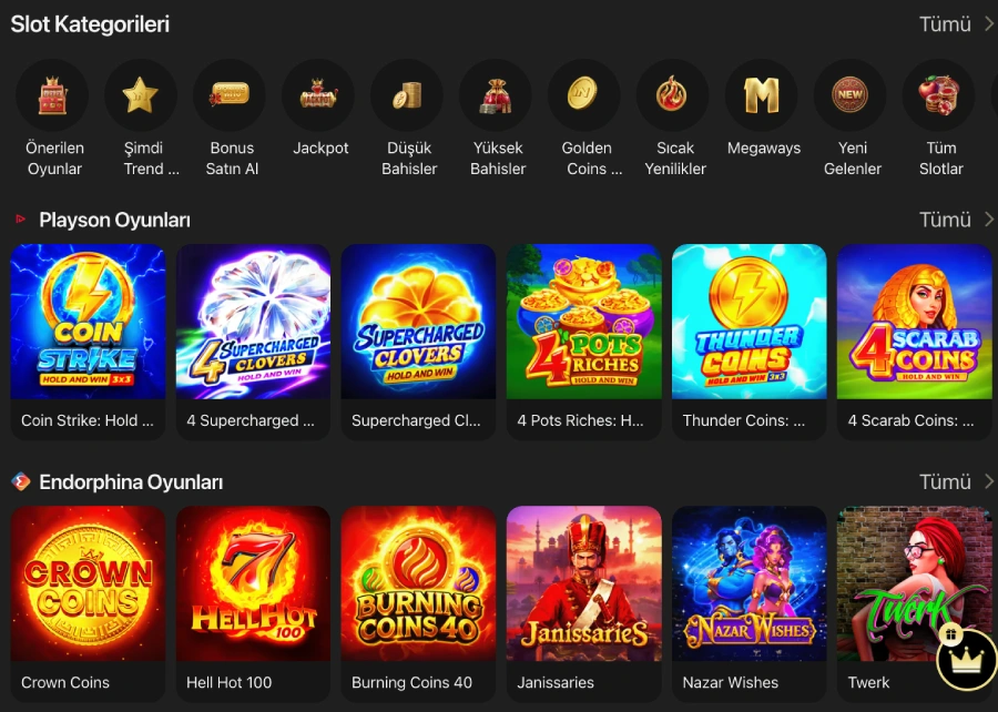 1King slot category icons and provider rows list